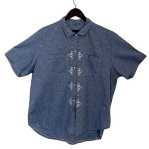 Vintage Men’s Chambray Cross Stitch Western Aztec Indie Handmade Shirt- Large
